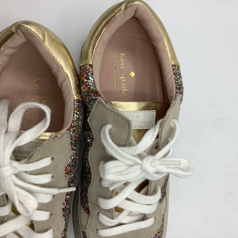 kate spade Beige Suede Sneakers with Multicolor Glitter & Gold Accent - Picture 4 of 8